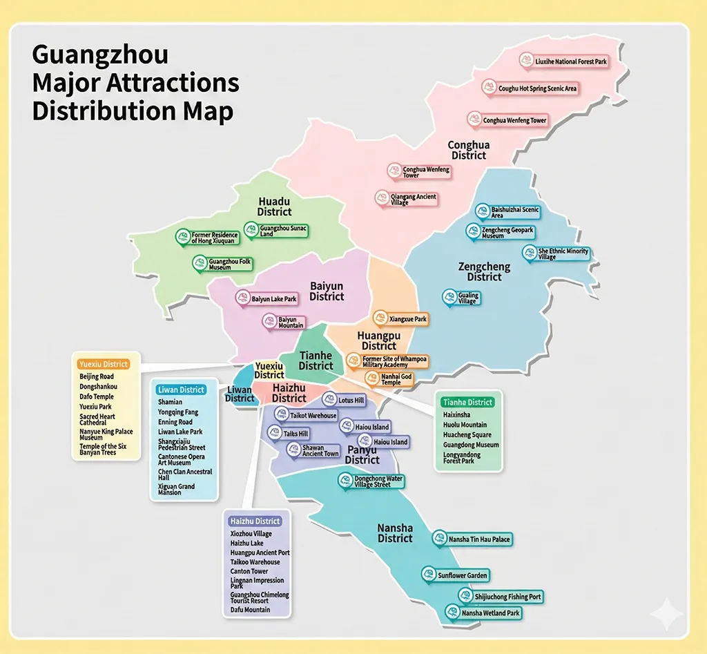 guangzhou major attractions distribution map